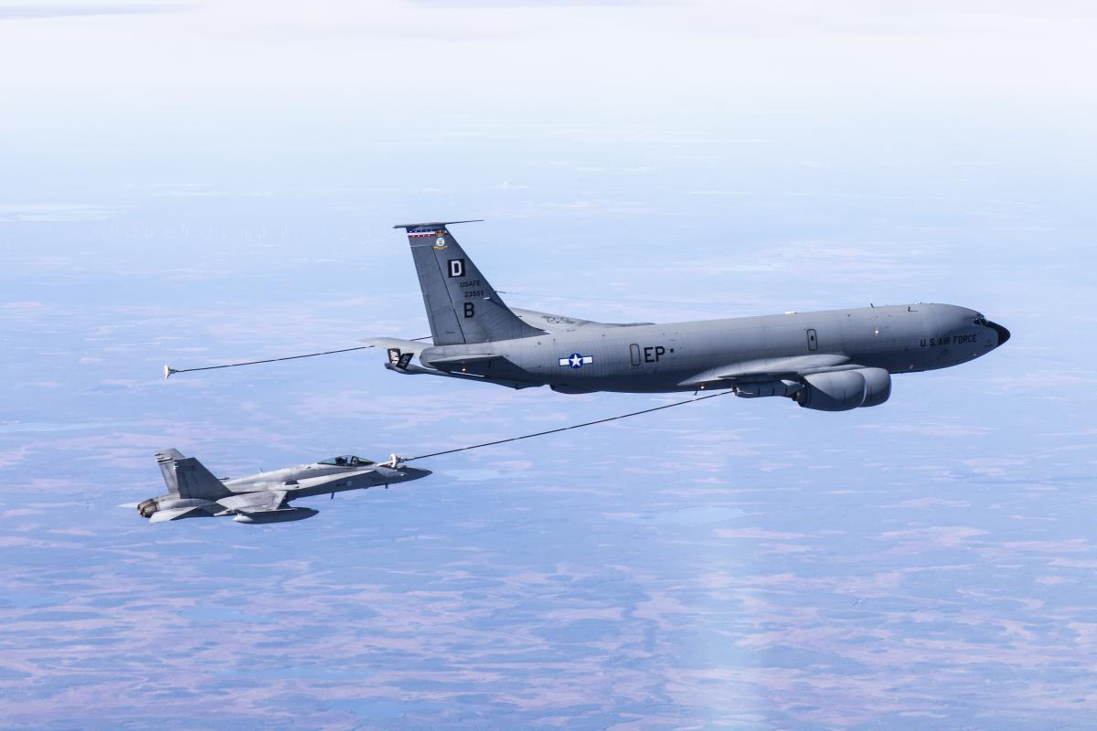 Finnish F/A-18 Hornet being refueled by a US KC-135 Stratotanker