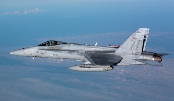 F/A-18 Hornet flying over the sea