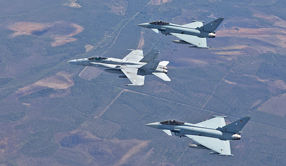 F/A-18 Hornet and two Eurofigters