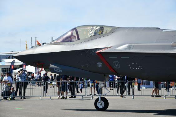 A F-35 fighter in a display area