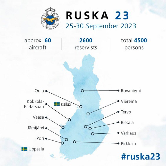 Baserna för flygoperationsövningen Ruska 23 visas på kartan över Finland
