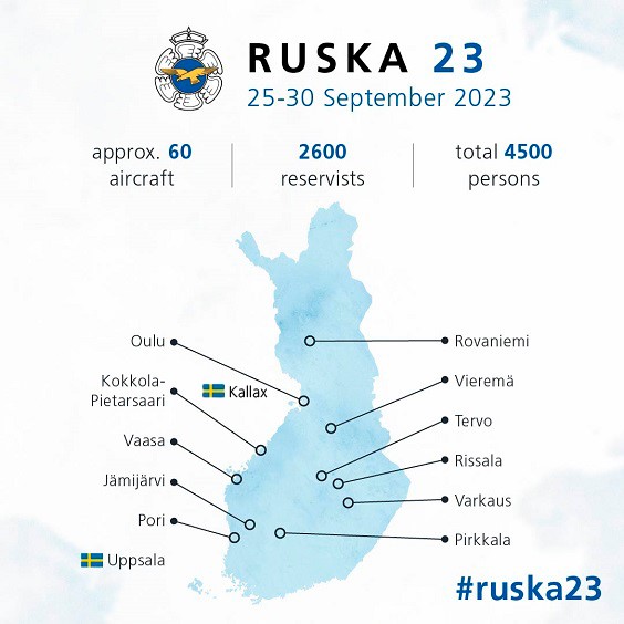 The bases of the Ruska 23 air operation exercise shown on the map of Finland