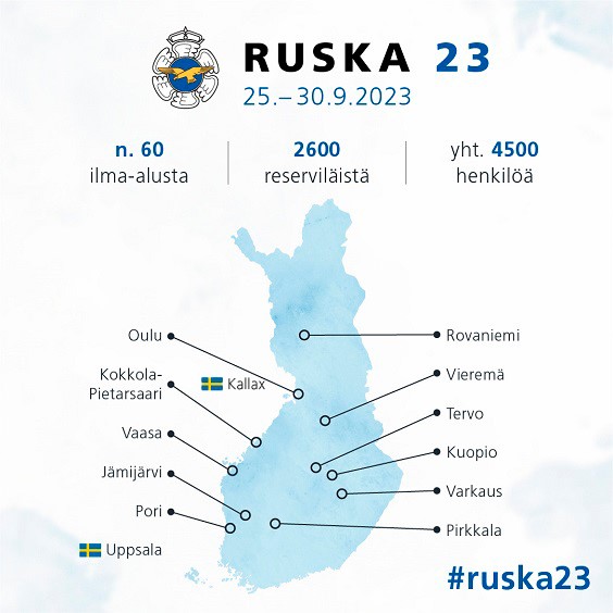 Ruska 23 -ilmaoperaatoharjoituksen tukikohdat esitettynä Suomen kartalla