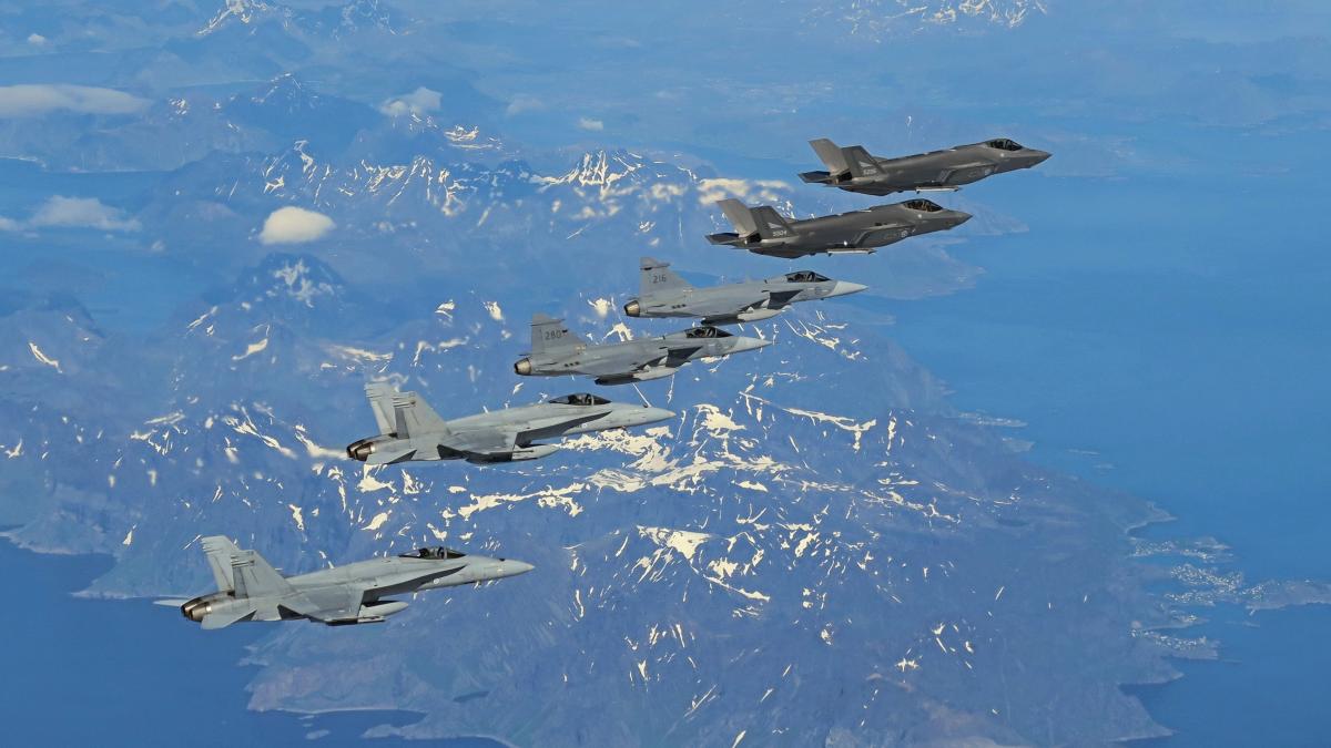 Two Finnish F/A-18 Hornets, two Swedish JAS 39 Gripens and two Norwegian F-35As