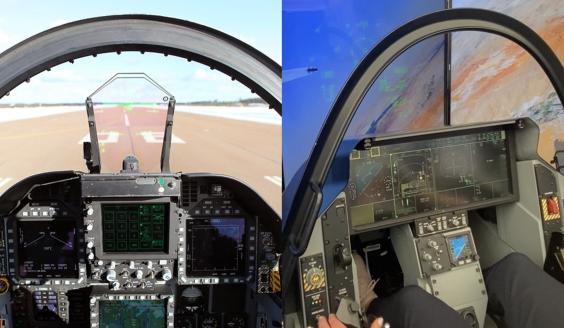 Vasemmalla Hornet-hävittäjän ohjaamo ja oikealla F-35-esittelysimulaattorin ohjaamo..