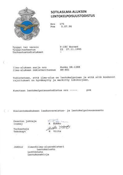Kuva asiakirjasta, joka on Ilmavoimien Hornet-hävittäjä HN-401:n lentokelpoisuustodistus vuodelta 1996.