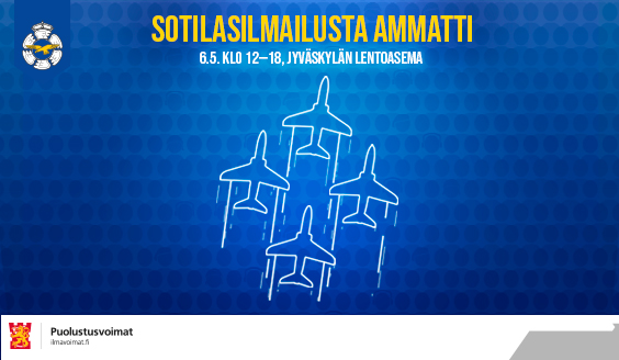 Sotilasilmailusta ammatti -tapahtuman juliste, jossa neljä graafista Hawk-suihkuharjoituskonetta muodostelmassa.