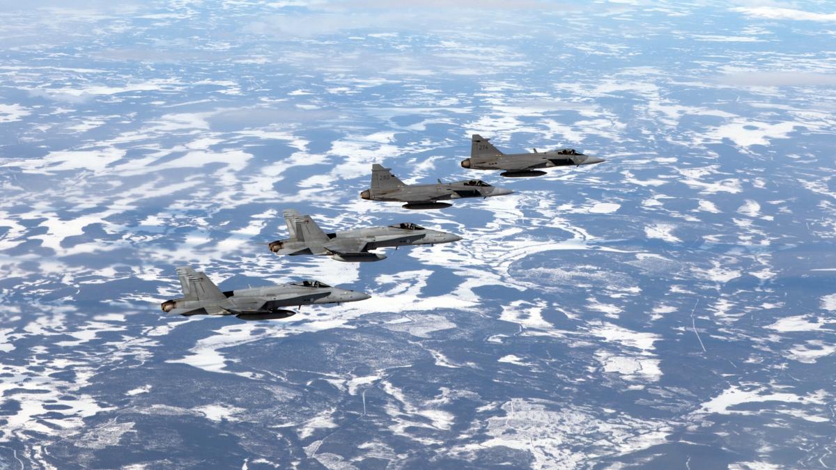 Kaksi suomalaista F/A-18 Hornet -hävittäjää ja kaksi ruotsalaista JAS 39 Gripen -hävittäjää