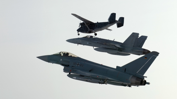 A German Eurofighter Typhoon, a Finnish F/A-18 Hornet and an Estonian M-28 Skytruck.