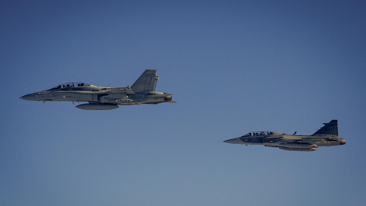 A Finnish F/A-18 Hornet and a Swedish JAS 39 Gripen